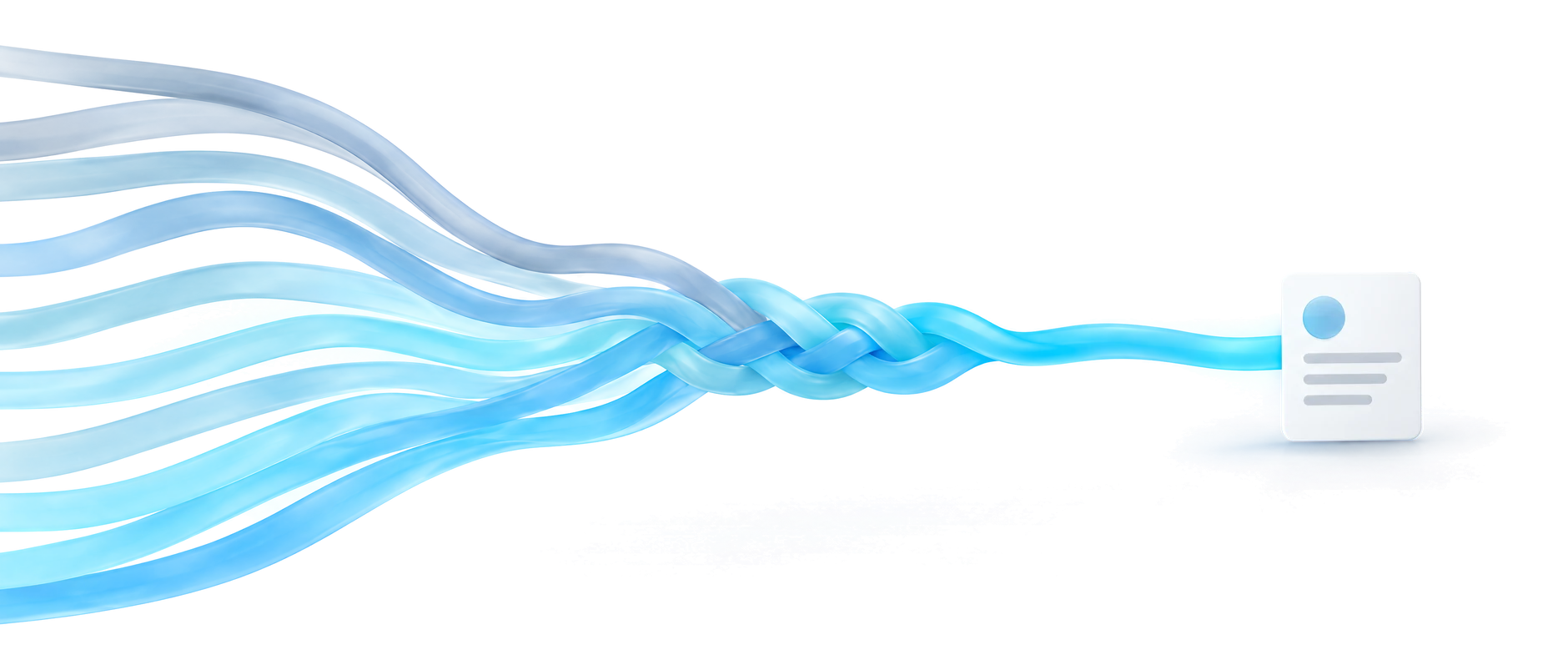 Neun Bänder in Blau laufen von links zusammen, flechten sich zu einem Strang und enden in einer einzigen Akte.